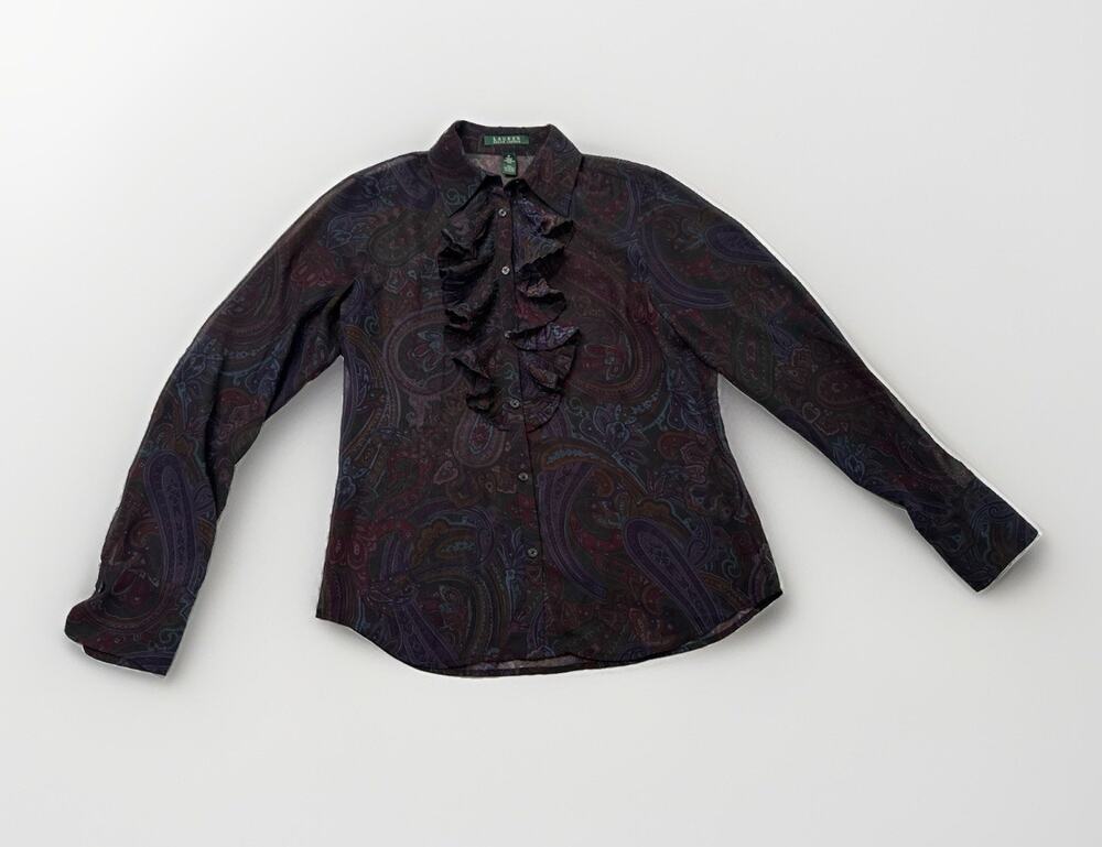 Lauren Ralph Lauren Womens M Boho Paisley Sheer Button Front Ruffle Blouse Top